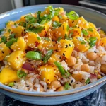 ['Close-up view of juicy mango pieces on a bed of jasmine rice.', 'Vibrant mango cubes next to fluffy cooked rice on a plate.', 'A side view of mango and rice dish showcasing colorful ingredients.', 'Fresh mango slices paired with aromatic jasmine rice.']