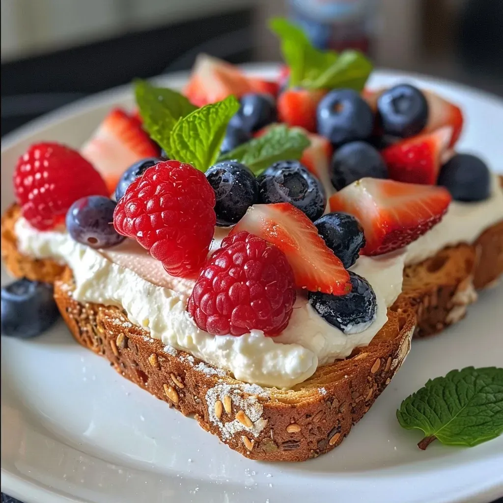 Close-up of a toasted slice of whole-grain bread topped with creamy mascarpone cheese and colorful mixed berries.