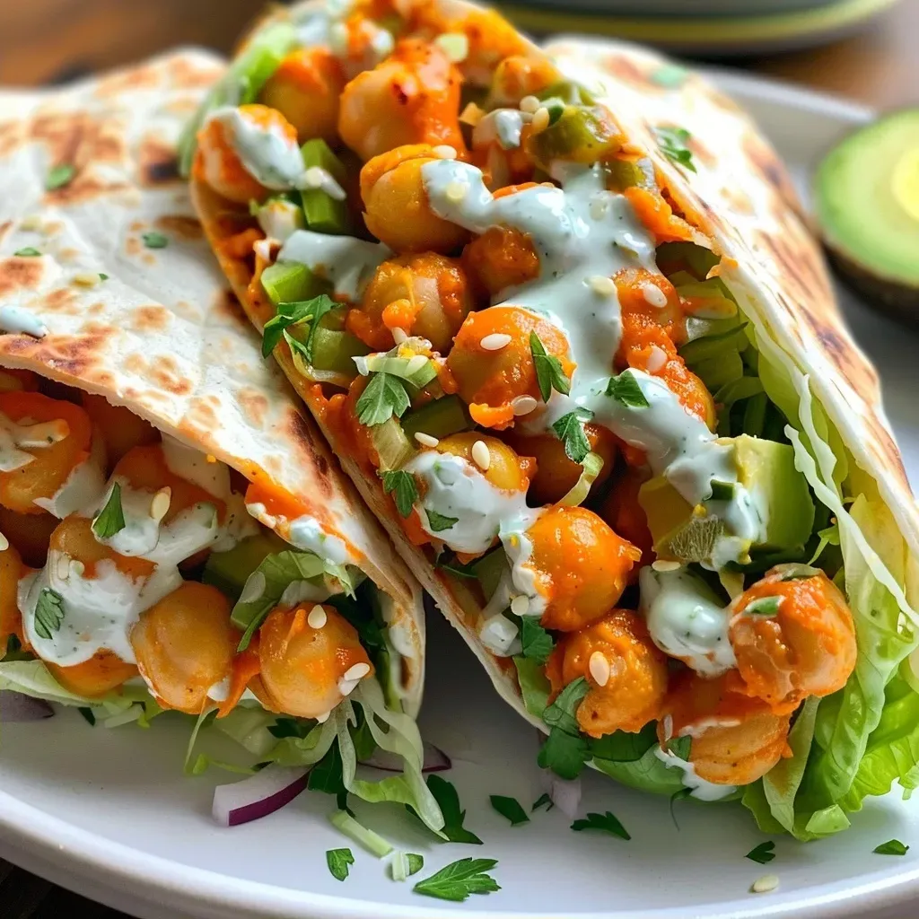 Close-up view of a vibrant mashed buffalo chickpea wrap filled with fresh vegetables.