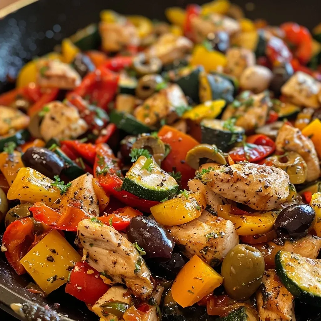 A close-up of a colorful Mediterranean chicken stir-fry showcasing juicy chicken, bell peppers, zucchini, and olives.