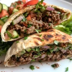 ['Close-up view of juicy Mediterranean ground beef stuffed in pita pockets with colorful vegetables.', 'Side angle of pita pockets filled with ground beef, lettuce, tomatoes, and cucumbers.', 'Detailed image showing Mediterranean ground beef surrounded by fresh ingredients in pita bread.', 'Appetizing shot of pita pockets bursting with flavorful Mediterranean ground beef and toppings.']