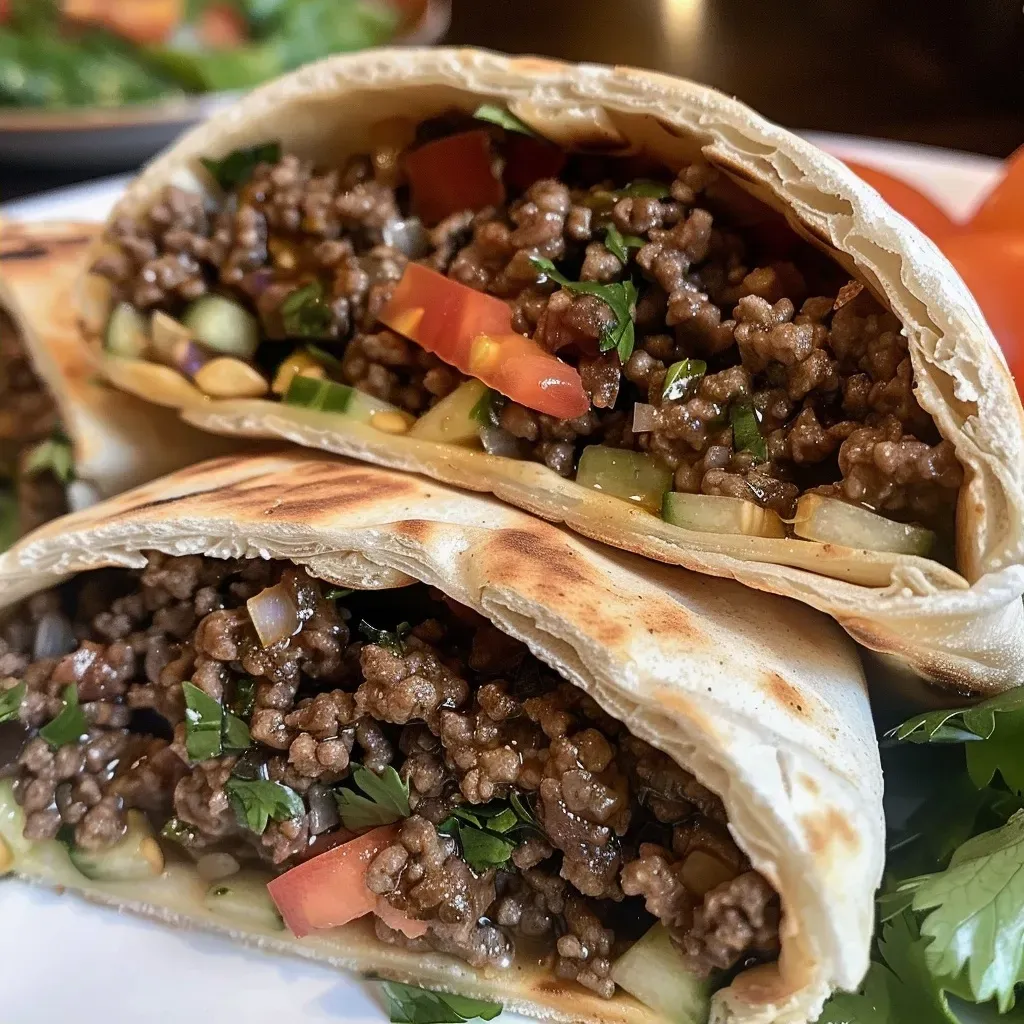 ['Close-up view of juicy Mediterranean ground beef stuffed in pita pockets with colorful vegetables.', 'Side angle of pita pockets filled with ground beef, lettuce, tomatoes, and cucumbers.', 'Detailed image showing Mediterranean ground beef surrounded by fresh ingredients in pita bread.', 'Appetizing shot of pita pockets bursting with flavorful Mediterranean ground beef and toppings.']