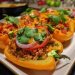 ['Juicy Mexican Chicken Stuffed Peppers with vibrant bell peppers and toppings, captured in side profile.', 'Close-up view of colorful stuffed bell peppers filled with chicken, rice, and cheese.', 'Side view of delicious Mexican Chicken Stuffed Peppers showcasing layers of ingredients and garnishes.', 'Freshly prepared Mexican Chicken Stuffed Peppers featuring bell peppers, chicken, and cilantro, photographed closely.']