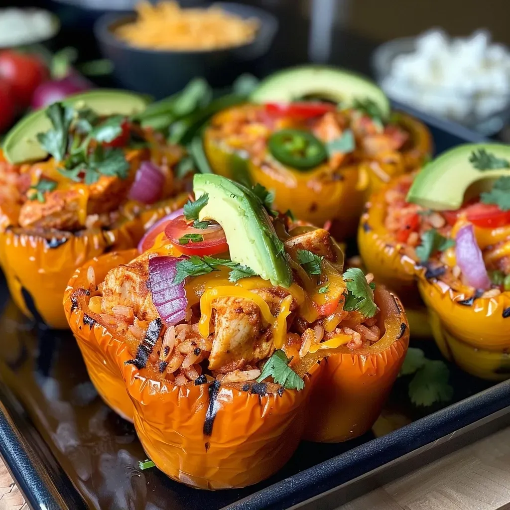 Juicy Mexican Chicken Stuffed Peppers with vibrant bell peppers and toppings, captured in side profile.