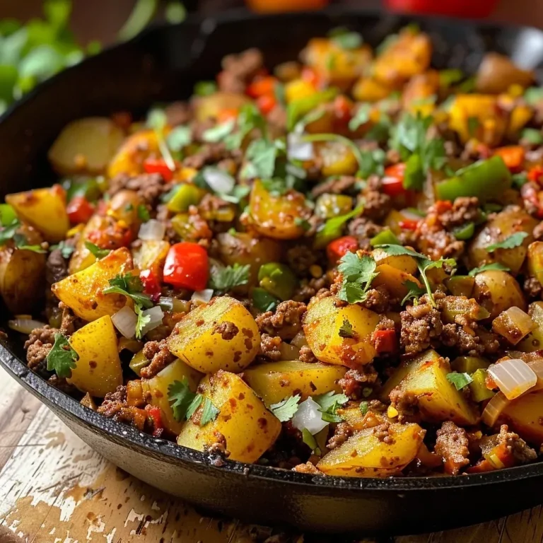 ['Close-up side view of a Mexican Ground Beef and Potato Skillet with colorful ingredients.', 'Juicy Mexican Ground Beef and Potato Skillet featuring diced potatoes and ground beef.', 'Side view of a hearty skillet meal showing ground beef, potatoes, and vibrant peppers.', 'Close-up of a delicious skillet dish with ground beef, potatoes, and topped with cheese and cilantro.']
