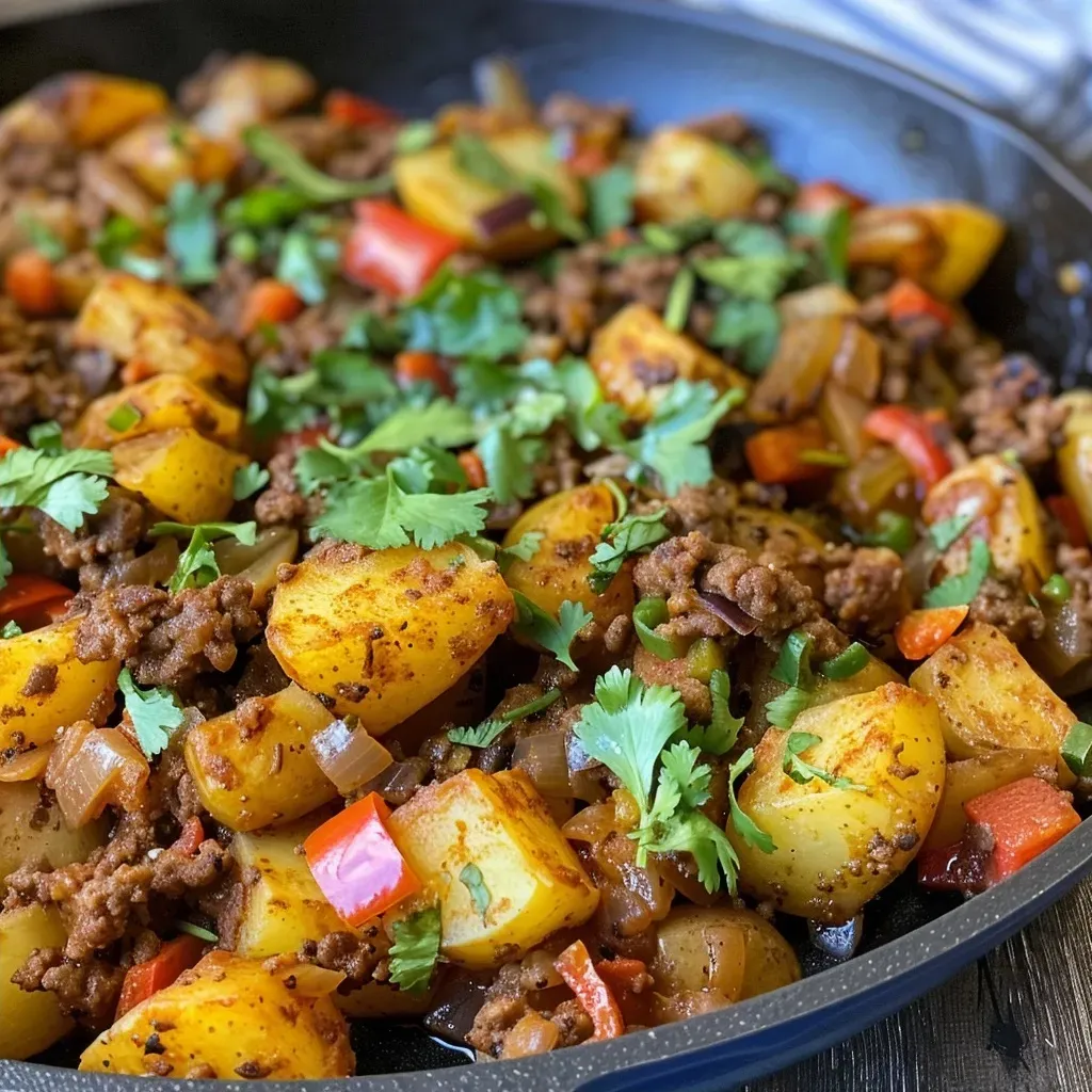 Close-up side view of a Mexican Ground Beef and Potato Skillet with colorful ingredients.