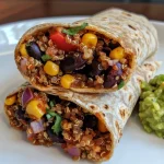 ['Close-up of a Mexican Quinoa Wrap filled with colorful vegetables and black beans.', 'Juicy Mexican Quinoa Wrap showcasing vibrant ingredients like corn and red pepper.', 'Side view of a Mexican Quinoa Wrap with visible layers of quinoa, beans, and BBQ sauce.', 'Delicious Mexican Quinoa Wrap on a plate with chopped onions and guacamole.']