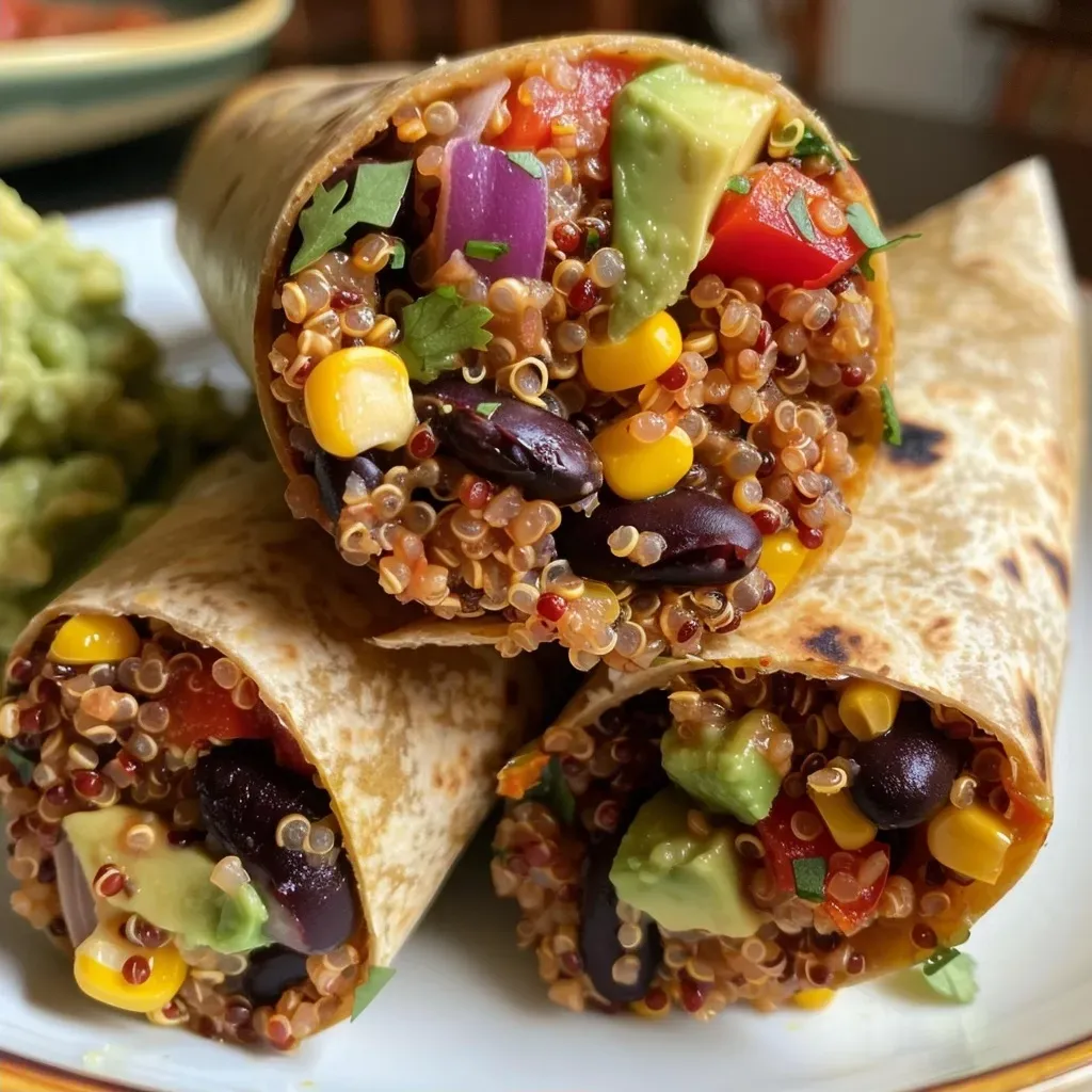 Close-up of a Mexican Quinoa Wrap filled with colorful vegetables and black beans.