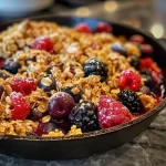 ['Close-up of a Mixed Berry Skillet Crisp topped with melted butter.', 'Side view of a delicious Mixed Berry Crisp served in a skillet.', 'Juicy mixed berries baked with a golden oat topping in a skillet.', 'Freshly made Mixed Berry Crisp displayed in a cast iron skillet.']