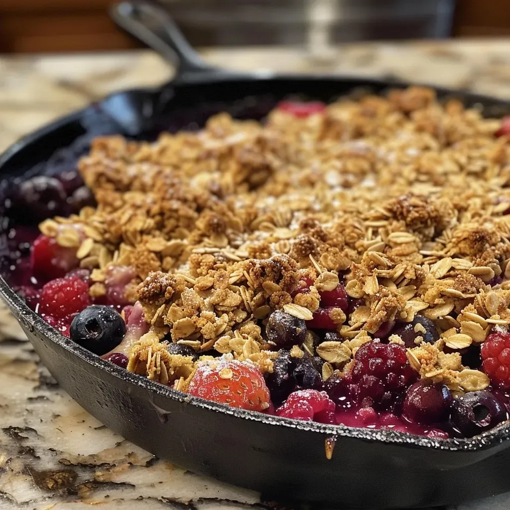 Close-up of a Mixed Berry Skillet Crisp topped with melted butter.