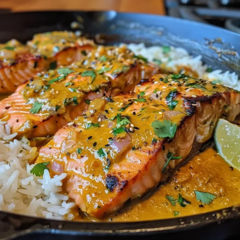 ['Close-up view of a delicious One Pan Coconut Curry Salmon dish garnished with cilantro.', 'Side view showcasing succulent salmon fillets in a creamy coconut curry sauce with garlic and herbs.', 'Juicy salmon fillets in a vibrant coconut curry sauce, plated with fresh herbs and accompanied by rice.', 'Detailed shot of One Pan Coconut Curry Salmon, highlighting its rich colors and textures.']