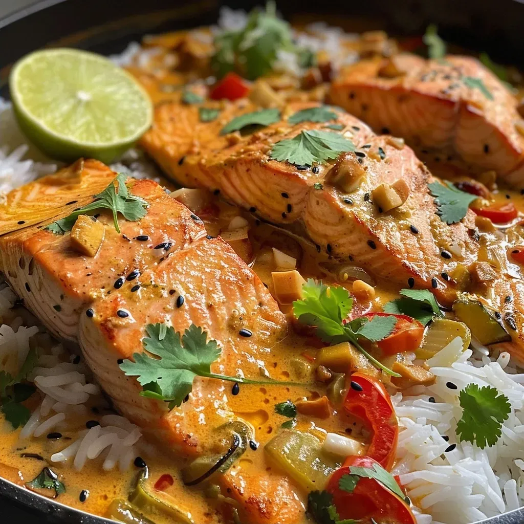 Close-up view of a delicious One Pan Coconut Curry Salmon dish garnished with cilantro.