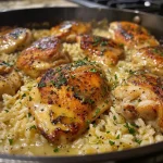['Juicy honey mustard chicken and rice bake in a rustic dish with golden brown chicken.', 'Close-up of One Pan Honey Mustard Chicken with rice, showcasing its glossy glaze.', 'Side view of a serving of honey mustard chicken over fluffy rice, garnished with herbs.', 'Delicious One Pan Honey Mustard Chicken and Rice Bake, highlighting the tender chicken and grains.']