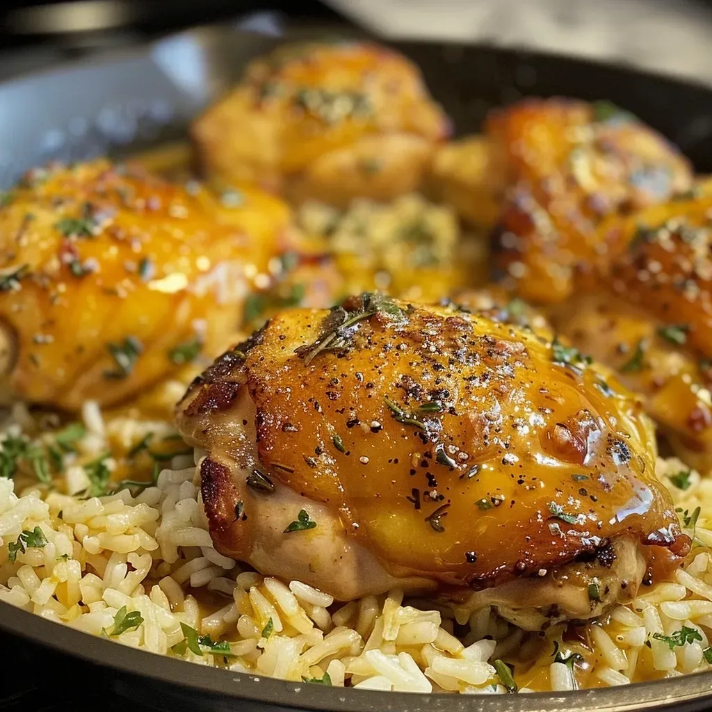 Juicy honey mustard chicken and rice bake in a rustic dish with golden brown chicken.