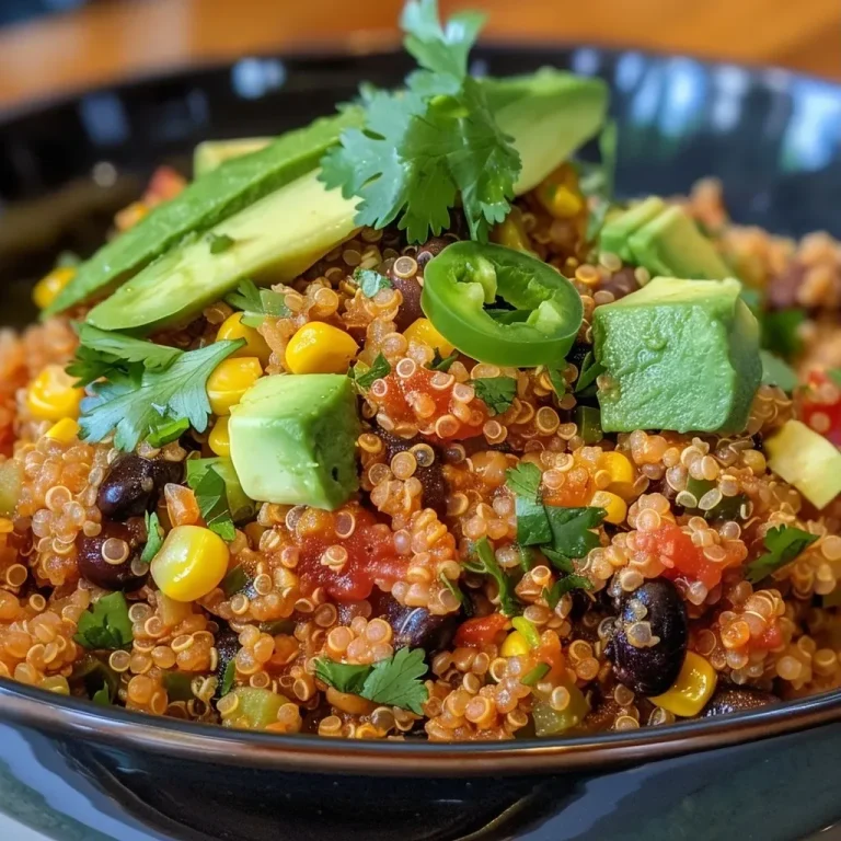 ['Close-up of a vibrant One Pan Mexican Quinoa dish with visible corn, black beans, and avocado.', 'Side view of a colorful bowl of One Pan Mexican Quinoa topped with cilantro and lime wedges.', 'Juicy One Pan Mexican Quinoa with ingredients like jalapenos and tomatoes on a rustic wooden table.', 'Detailed view of One Pan Mexican Quinoa featuring quinoa grains and fresh ingredients arranged neatly.']