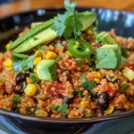 ['Close-up view of One Pan Mexican Quinoa with colorful ingredients.', 'Side view of a vibrant bowl of One Pan Mexican Quinoa featuring quinoa, black beans, and avocado.', 'Delicious One Pan Mexican Quinoa garnished with avocado and cilantro, showcasing a variety of textures.', 'Juicy One Pan Mexican Quinoa displayed in a bowl, highlighting fresh ingredients like tomatoes and corn.']