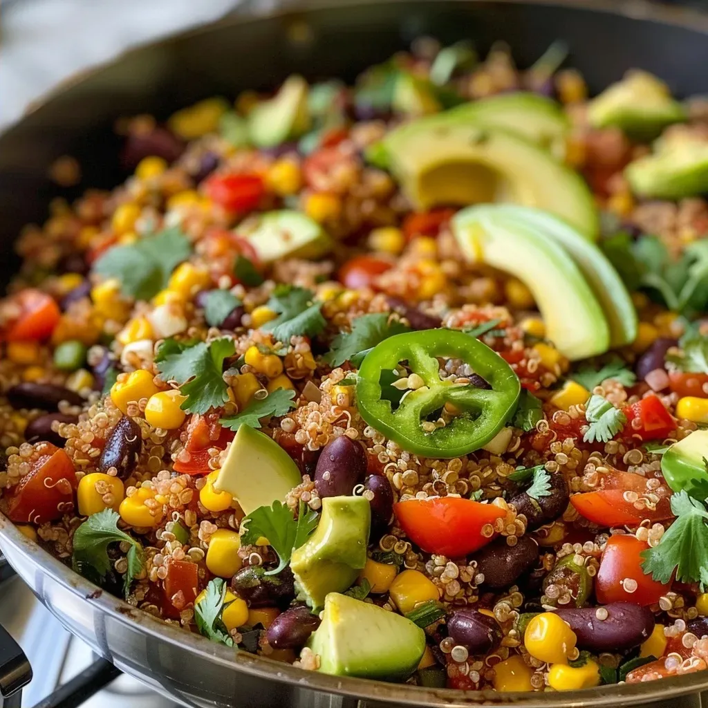 Close-up view of One Pan Mexican Quinoa with colorful ingredients.