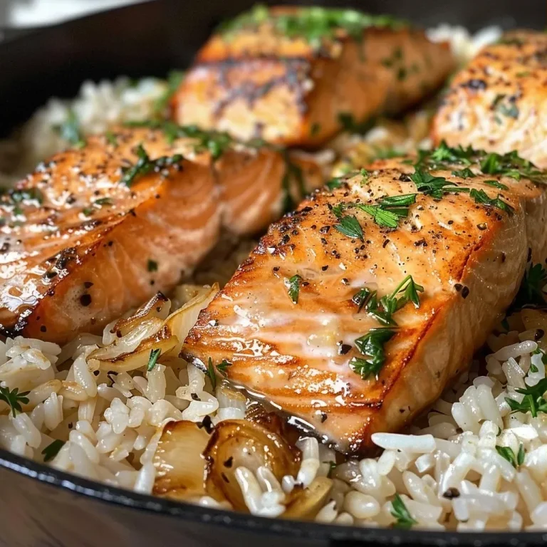 ['Close-up view of a delicious one pot salmon and rice dish, showcasing salmon fillets on a bed of fluffy rice.', 'Side view of a vibrant one pot meal featuring salmon, rice, and fresh herbs in a rustic bowl.', 'Juicy salmon fillets resting atop white rice, garnished with lemon zest and herbs, captured in a detailed photo.', 'A colorful presentation of one pot salmon and rice, highlighting the texture of the fish and grains.']