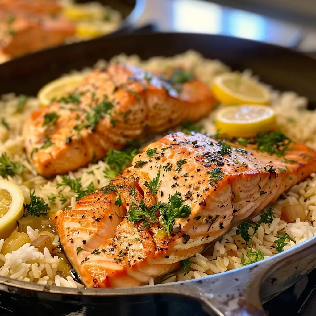 Close-up view of a delicious one pot salmon and rice dish, showcasing salmon fillets on a bed of fluffy rice.