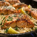 ['A side view close-up of a skillet with cooked salmon and lemon orzo.', 'Juicy salmon fillets nestled in a bed of lemon-infused orzo in a skillet.', 'A vibrant dish of one skillet salmon and creamy lemon orzo from a close-up angle.', 'Close-up of a delicious one skillet meal featuring salmon and orzo with lemon.']
