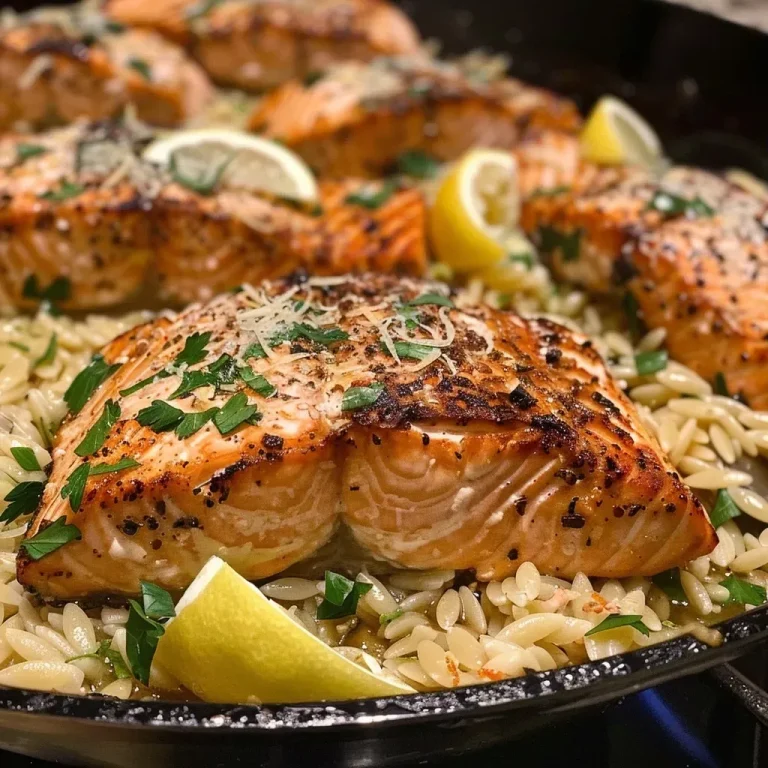 ['A side view close-up of a skillet with cooked salmon and lemon orzo.', 'Juicy salmon fillets nestled in a bed of lemon-infused orzo in a skillet.', 'A vibrant dish of one skillet salmon and creamy lemon orzo from a close-up angle.', 'Close-up of a delicious one skillet meal featuring salmon and orzo with lemon.']