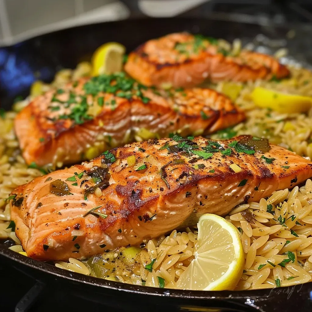 ['A side view close-up of a skillet with cooked salmon and lemon orzo.', 'Juicy salmon fillets nestled in a bed of lemon-infused orzo in a skillet.', 'A vibrant dish of one skillet salmon and creamy lemon orzo from a close-up angle.', 'Close-up of a delicious one skillet meal featuring salmon and orzo with lemon.']