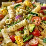 ['A close-up side view of a vibrant bowl of Parmesan Summer Pasta Primavera featuring colorful vegetables.', 'Juicy Penne pasta mixed with asparagus, tomatoes, and topped with freshly grated Parmesan cheese.', 'A detailed shot of Summer Pasta Primavera, showcasing red onions, zucchini, and bell peppers, garnished with herbs.', 'Close-up of a colorful pasta dish with cherry tomatoes, zucchini, and a sprinkle of Parmesan on top.']