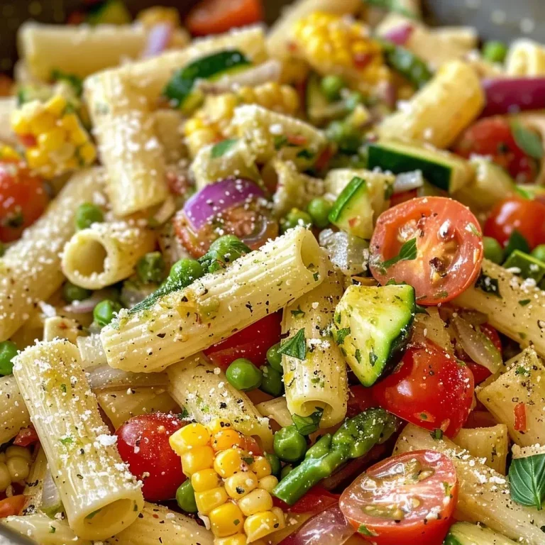 ['A close-up side view of a vibrant bowl of Parmesan Summer Pasta Primavera featuring colorful vegetables.', 'Juicy Penne pasta mixed with asparagus, tomatoes, and topped with freshly grated Parmesan cheese.', 'A detailed shot of Summer Pasta Primavera, showcasing red onions, zucchini, and bell peppers, garnished with herbs.', 'Close-up of a colorful pasta dish with cherry tomatoes, zucchini, and a sprinkle of Parmesan on top.']