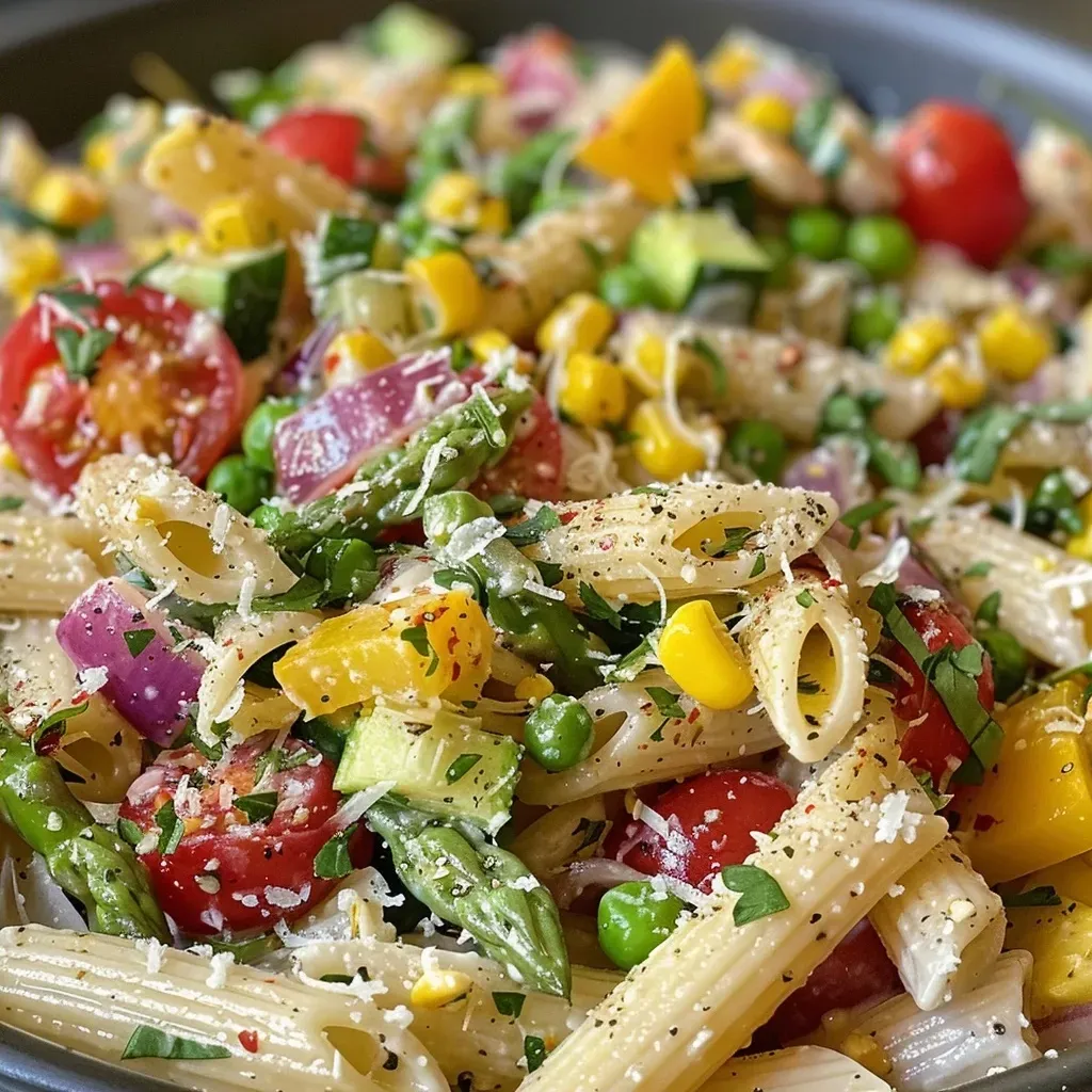 A close-up side view of a vibrant bowl of Parmesan Summer Pasta Primavera featuring colorful vegetables.