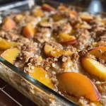 ['Close-up view of a golden-brown Peach Breakfast Bake with peach slices on top.', 'Side angle of a Peach Breakfast Bake showing juicy peaches and a golden crust.', 'A slice of Peach Breakfast Bake displaying diced peaches and a light, fluffy texture.', 'A delicious Peach Breakfast Bake with a golden top, highlighted by chunks of peach.']