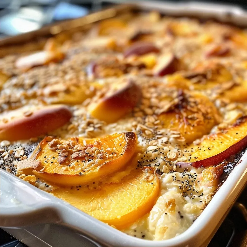 Close-up view of a golden-brown Peach Breakfast Bake with peach slices on top.