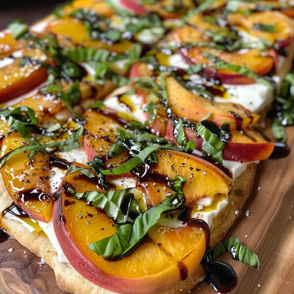 Close-up side view of Peach Caprese Flatbread with fresh ingredients.