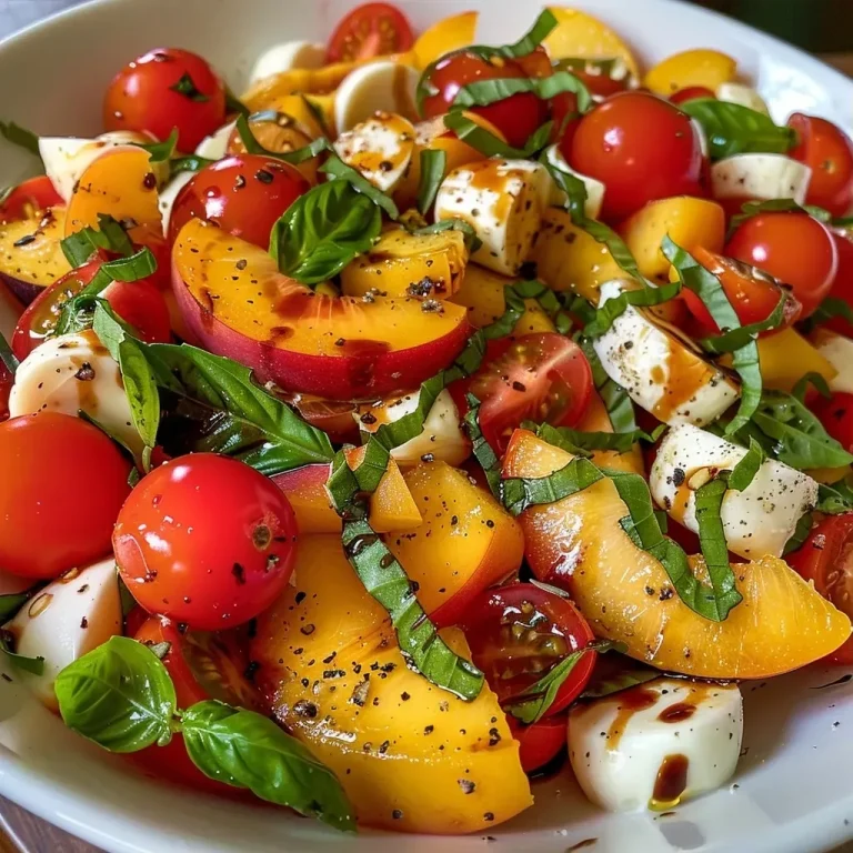 ['Close-up of a vibrant Chopped Peach Caprese Salad with diced peaches, cherry tomatoes, and mozzarella pearls.', 'Fresh Chopped Peach Caprese Salad featuring colorful ingredients arranged appetizingly.', 'Side view of a delicious mix of peaches, tomatoes, and basil in a Caprese Salad.', 'Juicy Caprese Salad with diced peaches, mozzarella, and herbs artfully displayed.']