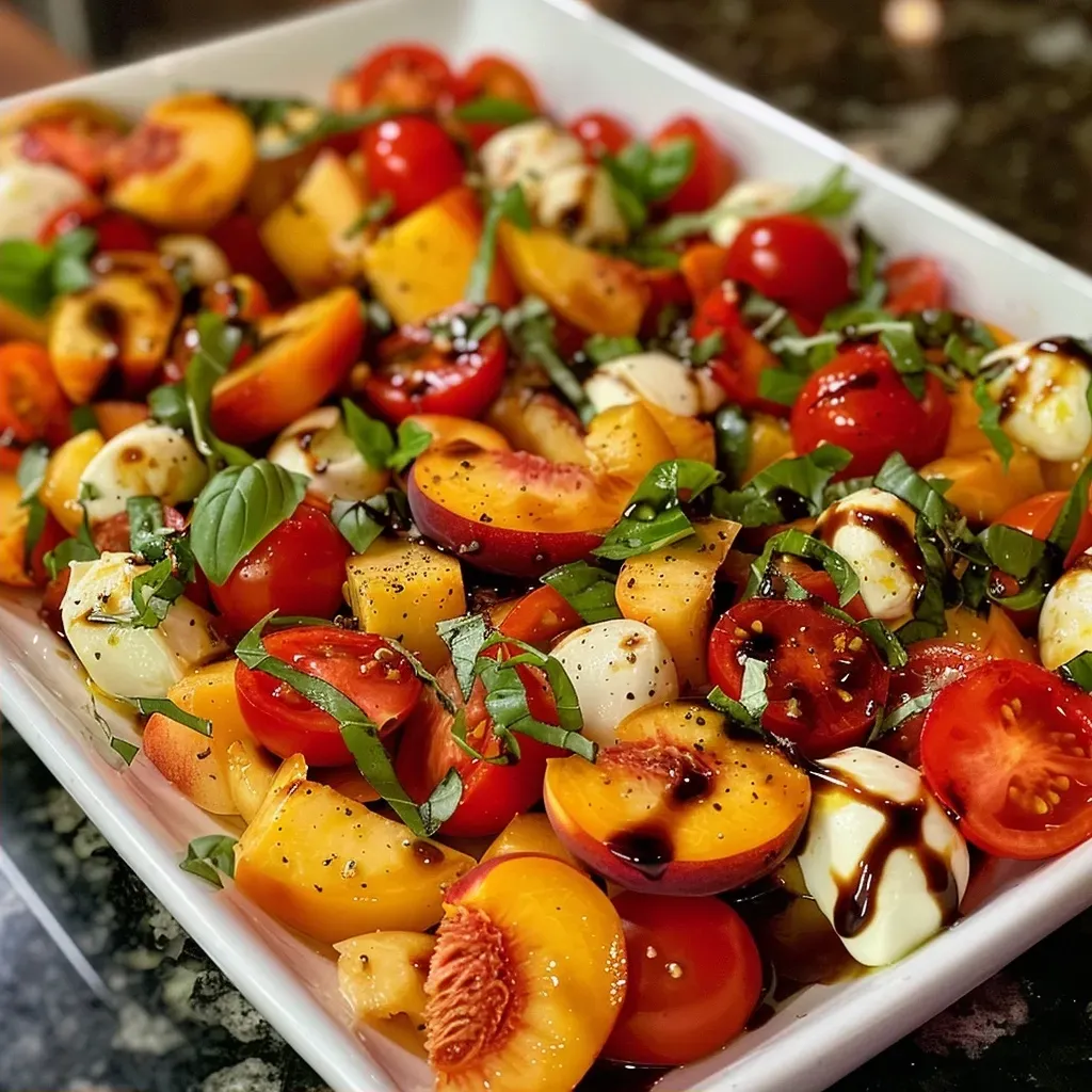 Close-up of a vibrant Chopped Peach Caprese Salad with diced peaches, cherry tomatoes, and mozzarella pearls.