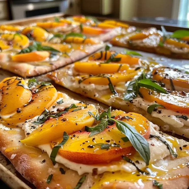 ['Close-up view of a peach flatbread pizza topped with fresh peaches and ricotta cheese.', 'Side view of a delicious peach flatbread pizza with drizzled honey.', 'A slice of peach flatbread pizza showcasing its colorful toppings on a wooden surface.', 'Juicy peach flatbread pizza garnished with mint and olive oil, displayed on a plate.']