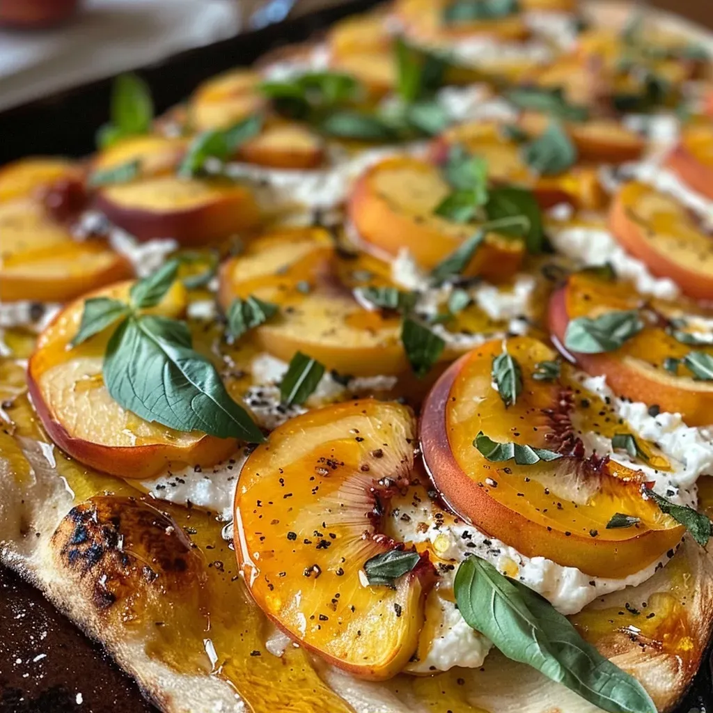 Close-up view of a peach flatbread pizza topped with fresh peaches and ricotta cheese.