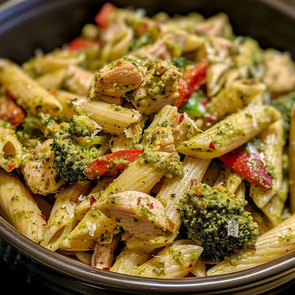 Close-up of Pesto Penne Salad featuring vibrant broccoli and roasted chicken.