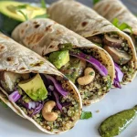 ['Close-up shot of a pesto quinoa wrap filled with fresh ingredients, showcasing vibrant colors.', 'Side view of a delicious pesto quinoa wrap, highlighting avocado slices and red cabbage.', 'Detailed image of a pesto quinoa wrap, featuring quinoa, mushrooms, and basil peeking out.', 'Close-up of a pesto quinoa wrap with sliced avocado, mushrooms, and shredded cabbage in a tortilla.']