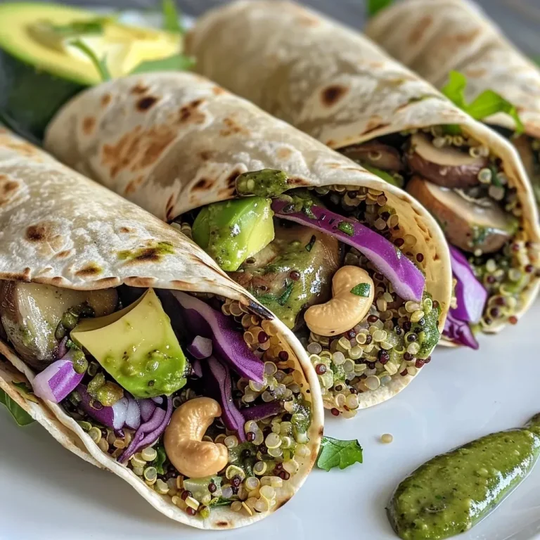 ['Close-up shot of a pesto quinoa wrap filled with fresh ingredients, showcasing vibrant colors.', 'Side view of a delicious pesto quinoa wrap, highlighting avocado slices and red cabbage.', 'Detailed image of a pesto quinoa wrap, featuring quinoa, mushrooms, and basil peeking out.', 'Close-up of a pesto quinoa wrap with sliced avocado, mushrooms, and shredded cabbage in a tortilla.']