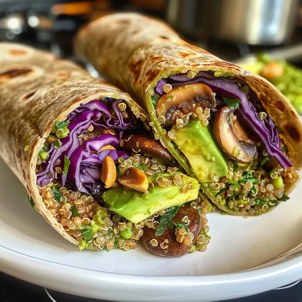 ['Close-up shot of a pesto quinoa wrap filled with fresh ingredients, showcasing vibrant colors.', 'Side view of a delicious pesto quinoa wrap, highlighting avocado slices and red cabbage.', 'Detailed image of a pesto quinoa wrap, featuring quinoa, mushrooms, and basil peeking out.', 'Close-up of a pesto quinoa wrap with sliced avocado, mushrooms, and shredded cabbage in a tortilla.']