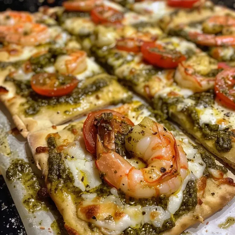 ['Close-up view of a Pesto Shrimp Flatbread topped with cherry tomatoes and cheese.', 'Side view of a Pesto Shrimp Flatbread with vibrant ingredients and melted cheese.', 'Juicy Pesto Shrimp Flatbread showcasing shrimp, pesto, and colorful toppings.', 'Deliciously garnished Pesto Shrimp Flatbread with shrimp and fresh basil.']