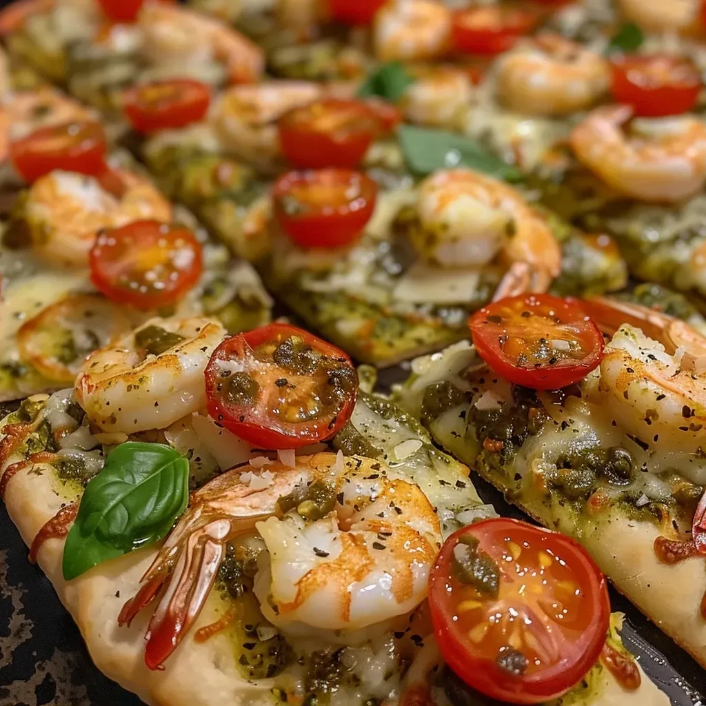 Close-up view of a Pesto Shrimp Flatbread topped with cherry tomatoes and cheese.