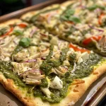 ['Close-up side view of a juicy pesto turkey flatbread with vibrant toppings.', 'Deliciously crafted pesto turkey flatbread showcasing colorful ingredients.', 'A rich pesto turkey flatbread with layers of turkey, peppers, and mozzarella.', 'Side angle of pesto turkey flatbread highlighting its fresh, scrumptious toppings.']