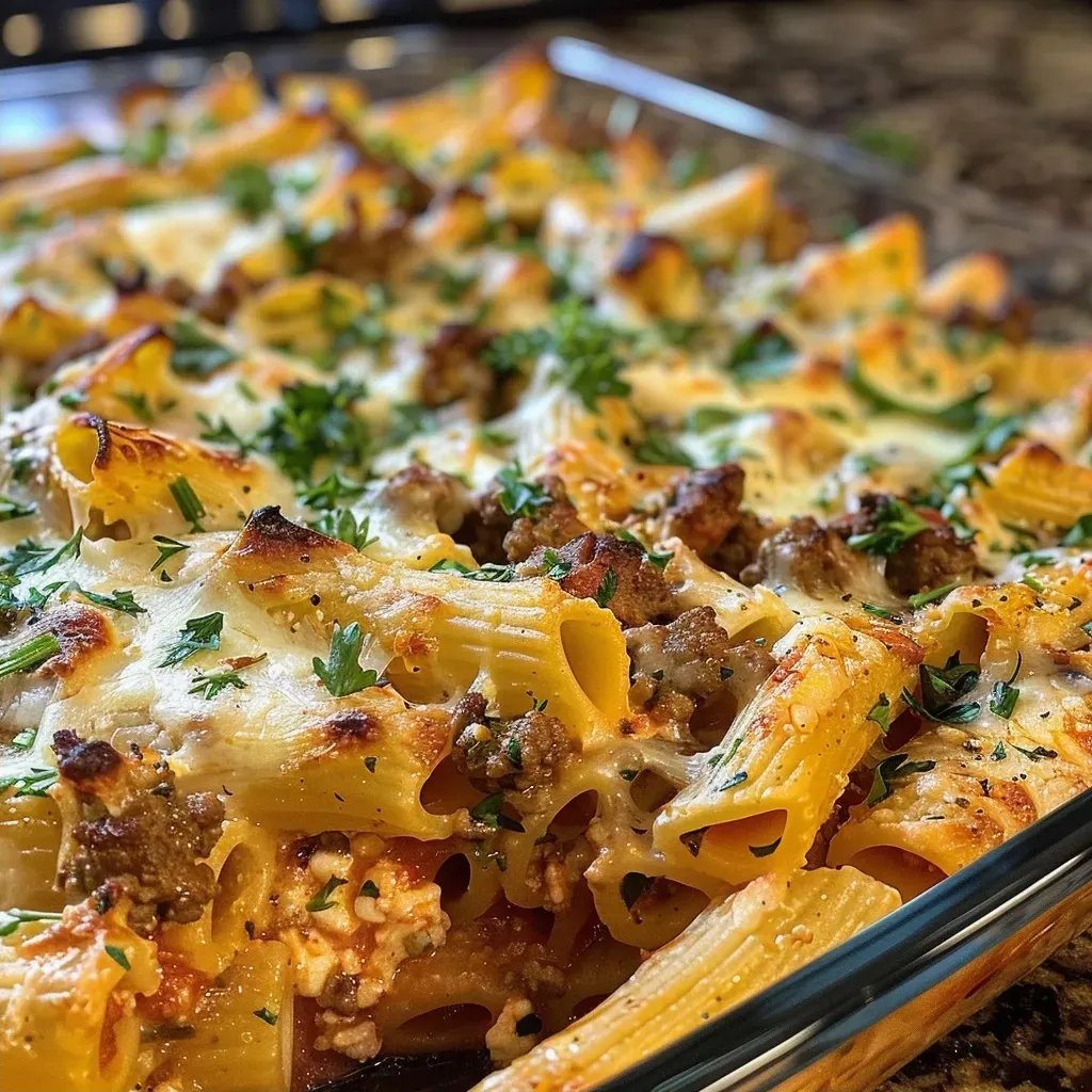 Close-up view of a cheesy protein pasta bake with golden-brown top and garnished with parsley.