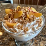 ['A close-up side view of fluffy yogurt topped with peaches and granola.', 'Creamy yogurt mixed with chopped peaches, displayed in a clear bowl.', 'A vibrant, textured yogurt dessert featuring juicy peach slices and granola.', 'A detailed view of protein-rich peaches and cream yogurt with a golden topping.']