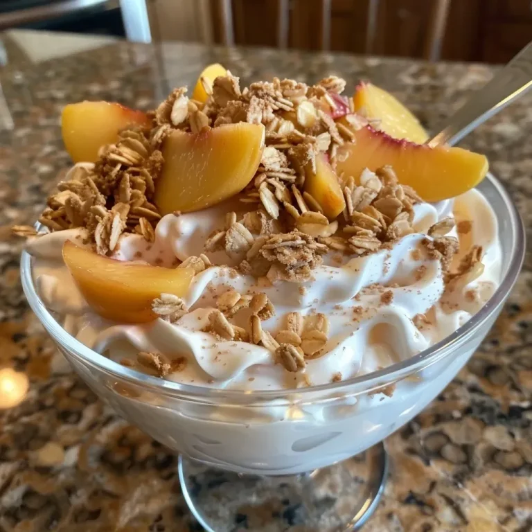 ['A close-up side view of fluffy yogurt topped with peaches and granola.', 'Creamy yogurt mixed with chopped peaches, displayed in a clear bowl.', 'A vibrant, textured yogurt dessert featuring juicy peach slices and granola.', 'A detailed view of protein-rich peaches and cream yogurt with a golden topping.']