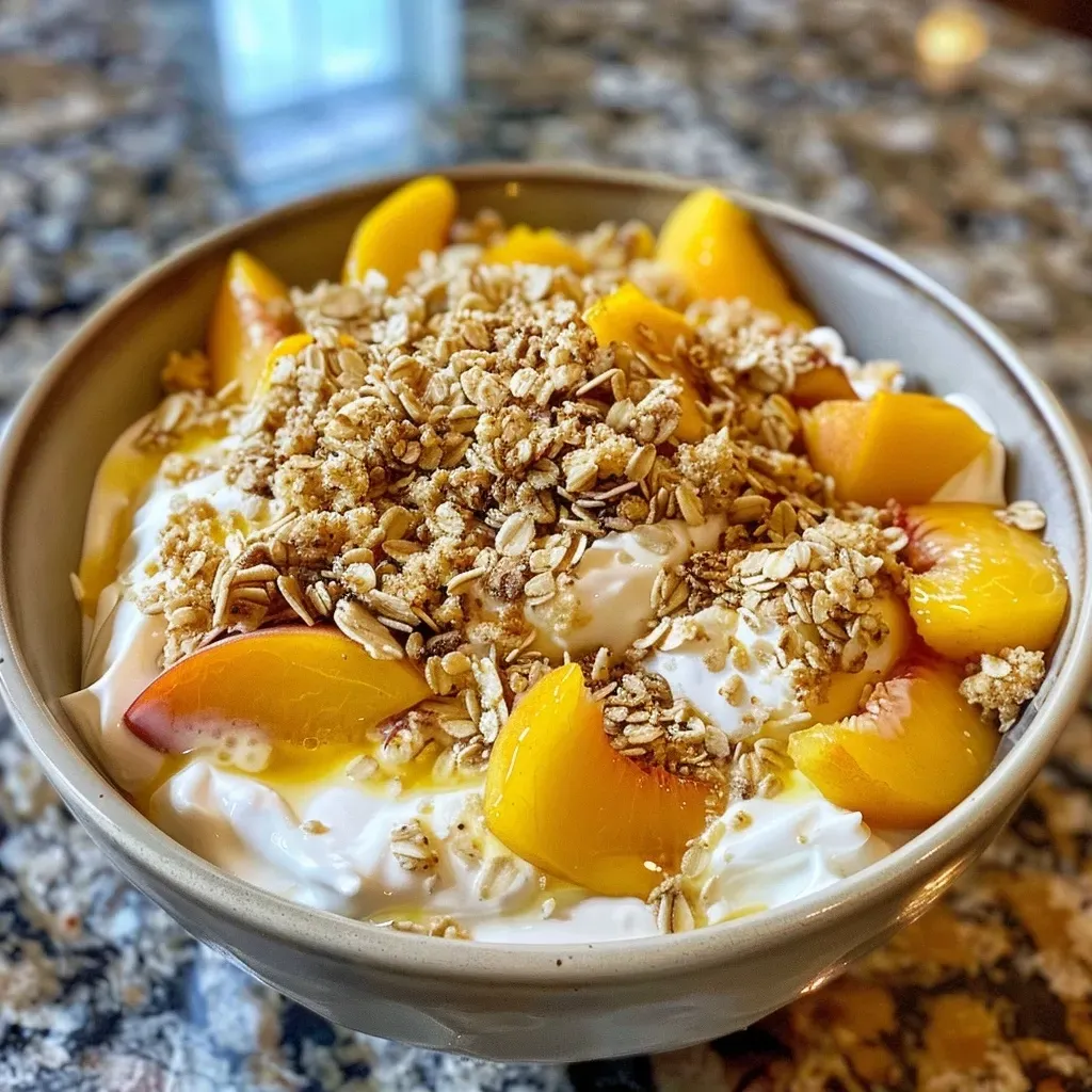 A close-up side view of fluffy yogurt topped with peaches and granola.