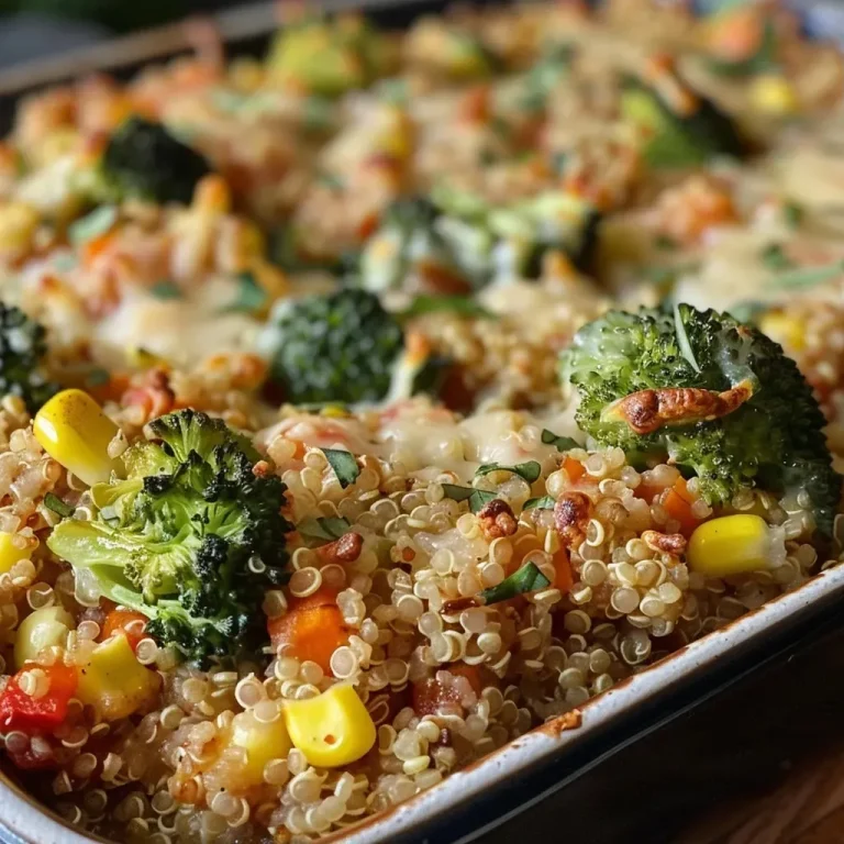 ['Close-up side view of a juicy quinoa bake with vibrant vegetables.', 'Richly layered quinoa bake featuring broccoli, carrot, and cheese.', 'Delicious quinoa bake showcasing colorful vegetables and melted cheese.', 'Savory quinoa bake in a dish filled with grains, vegetables, and cheese.']