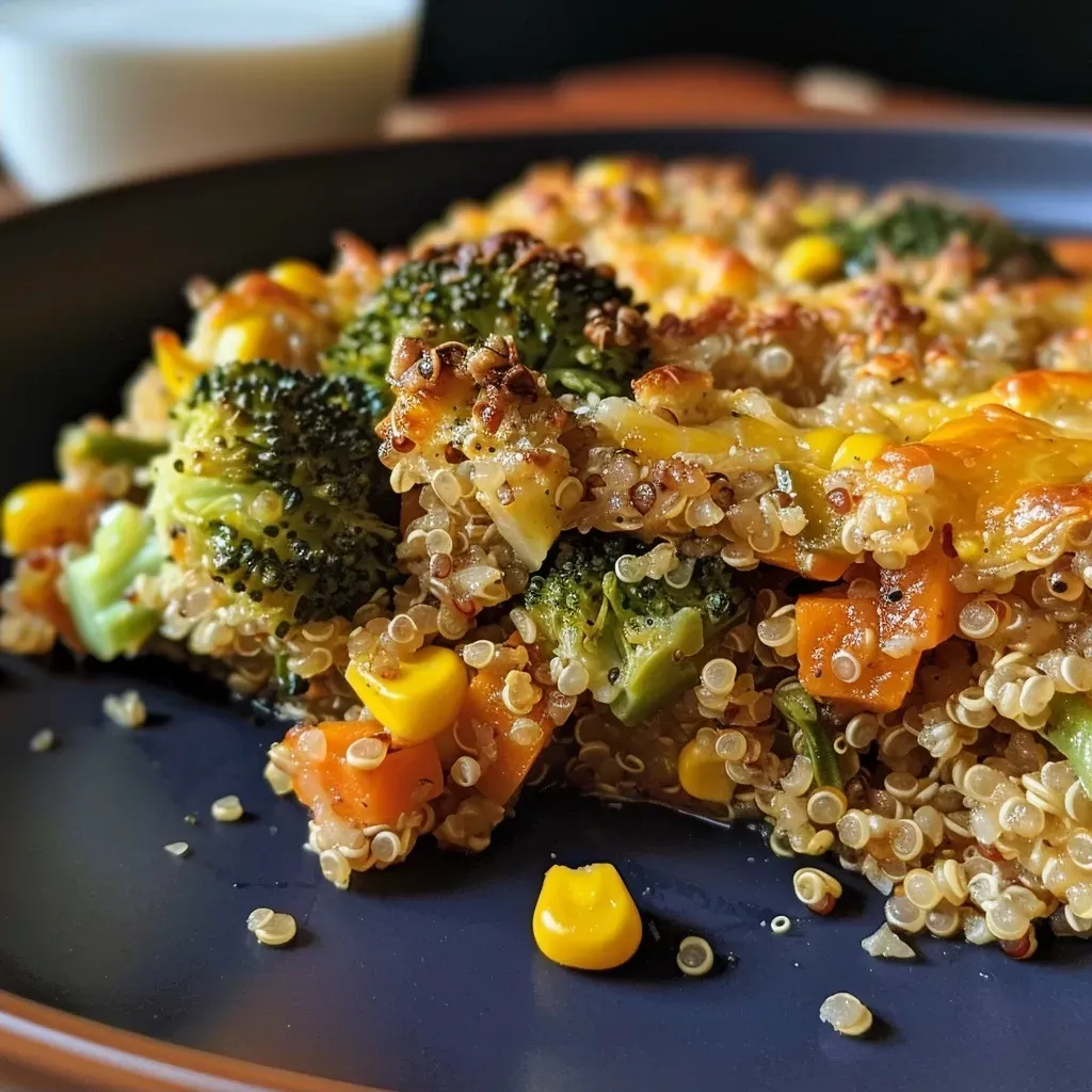 Close-up side view of a juicy quinoa bake with vibrant vegetables.