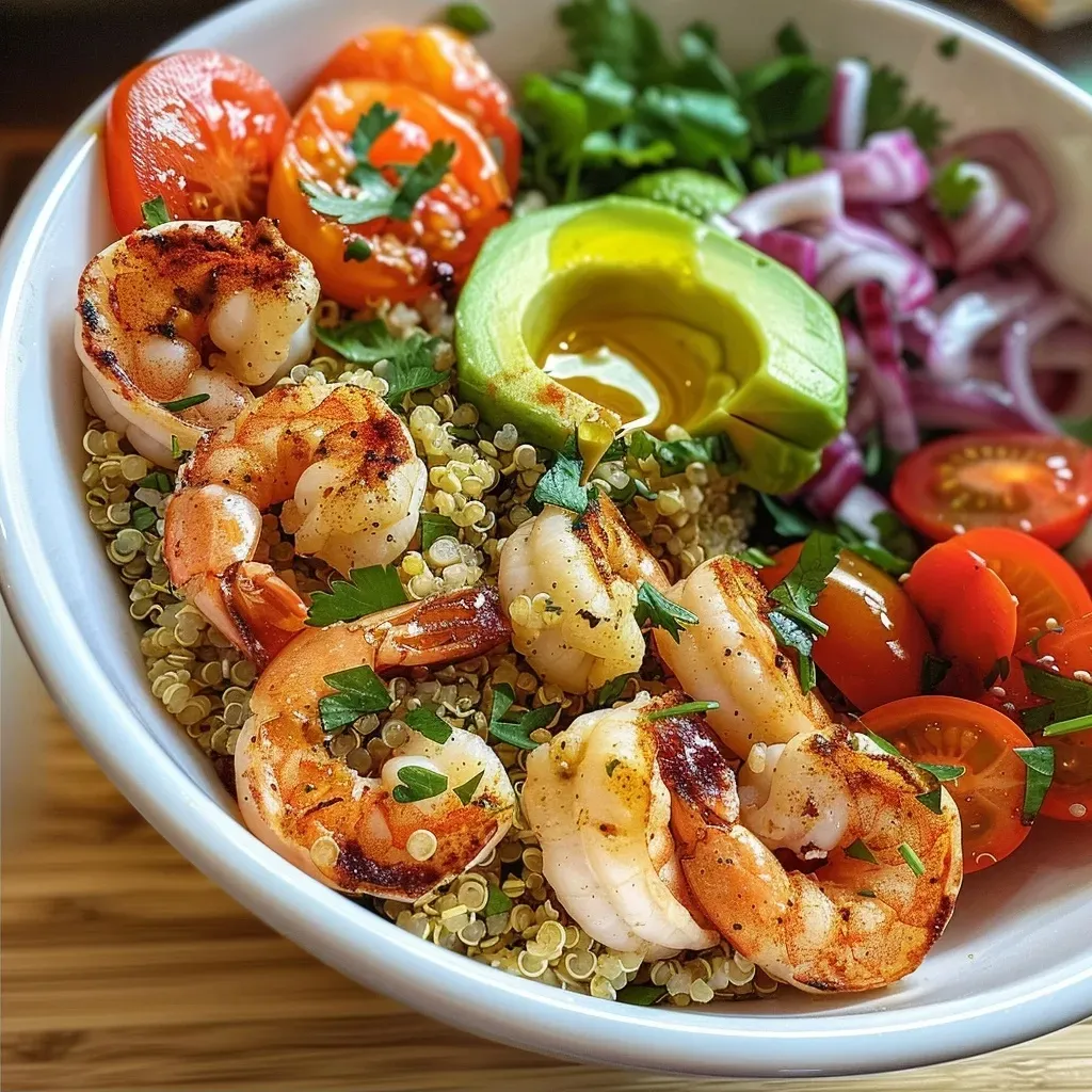 Close-up of a quinoa bowl topped with shrimp, cherry tomatoes, and avocado.